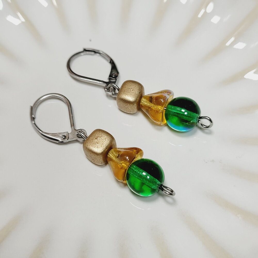 Green Glass Leverback earrings handmade Secret Lore earrings  Earthy Boho   690■